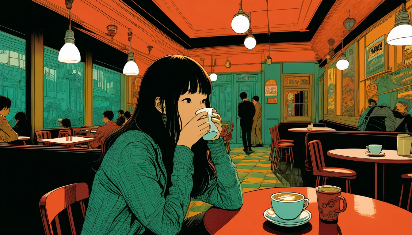 An illustration、art、Supervised by Junji Ito、Overaction、Overreaction、Pretending to be scared、Attention to detail, Realistic shadows、Analog Style, chromatic aberration, Surrealism、Cafe