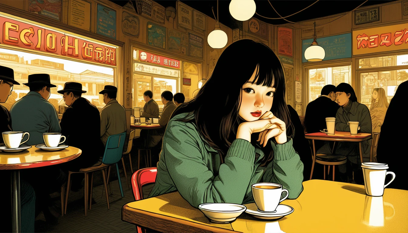 An illustration、art、Supervised by Junji Ito、Overaction、Overreaction、Pretending to be scared、Attention to detail, Realistic shadows、Analog Style, chromatic aberration, Surrealism、Cafe