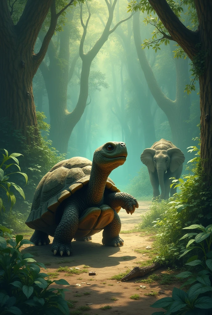 Make the tortoise arrive at the secret place, he began to sing the chant"Gwon Gwon Gwon Gwon" and the path to the yam opened up to the tortoise while one elephant watching from a dIstance hid behind the bush Make the chant GWON GWON GWON GWON be above the tortoise