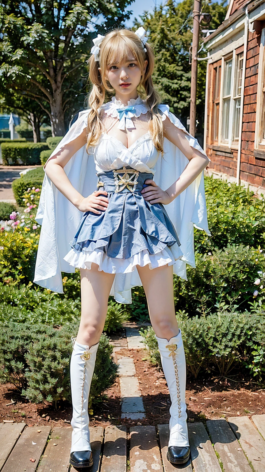 (8k、RAW Photos、Highest quality、masterpiece:1.2)、(Realistic、Realistic)、1 person、((White and light blue、garden、Blonde、Twin tails、Frills、Cape、mini skirt、Thin legs、whole body、boots、View from the front、Looking into the camera、Stand with hands on hips))、cute