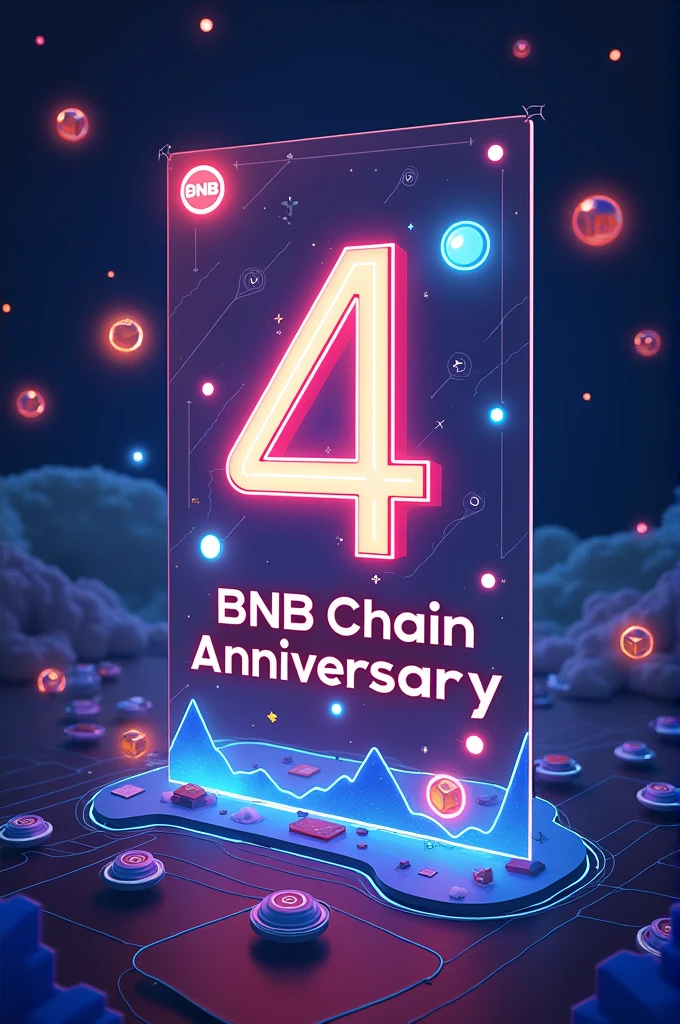"Create an interactive anniversary image, such as a digital card or animated graphic, that users can engage with. Include clickable elements or animations celebrating BNB Chain's 4th year and inviting users to learn more."