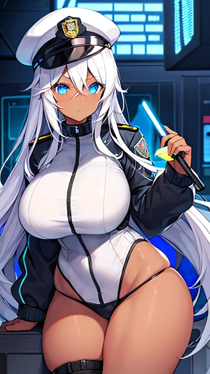 1girl, dark skin, dark-skinned female, police uniform, police, white hair, long hair, blue eyes, police hat, large breasts, thick thighs, futuristic, neon trim, science-fiction, machinery, tech, blue trim, glowing eyes, toned, cute face, mature female, hourglass figure, neon, one-piece swimsuit, competition swimsuit, medal, black swimsuit, badge, police badge, ((badge)), tall