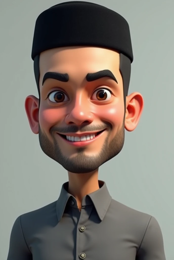 Realistic 3d caricature. A 30 year old handsome Indonesian man. , wearing a black Muslim pecis..wearing grey outfit Body position is clearly visible. Simple background. Use soft photography lighting with hair lights, edge lights, and top lights. Photos with very high detail.