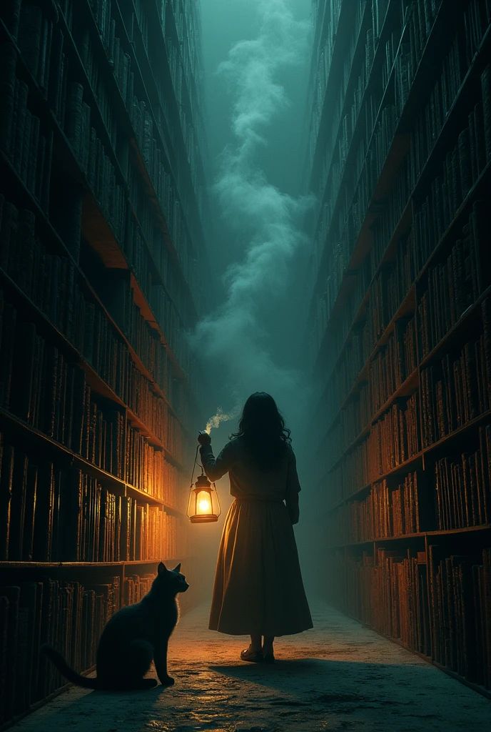 a infinity library full of books and a person looking for one with an lantern in hands and a cigarret. theres a cat hidden in the dark spying the person