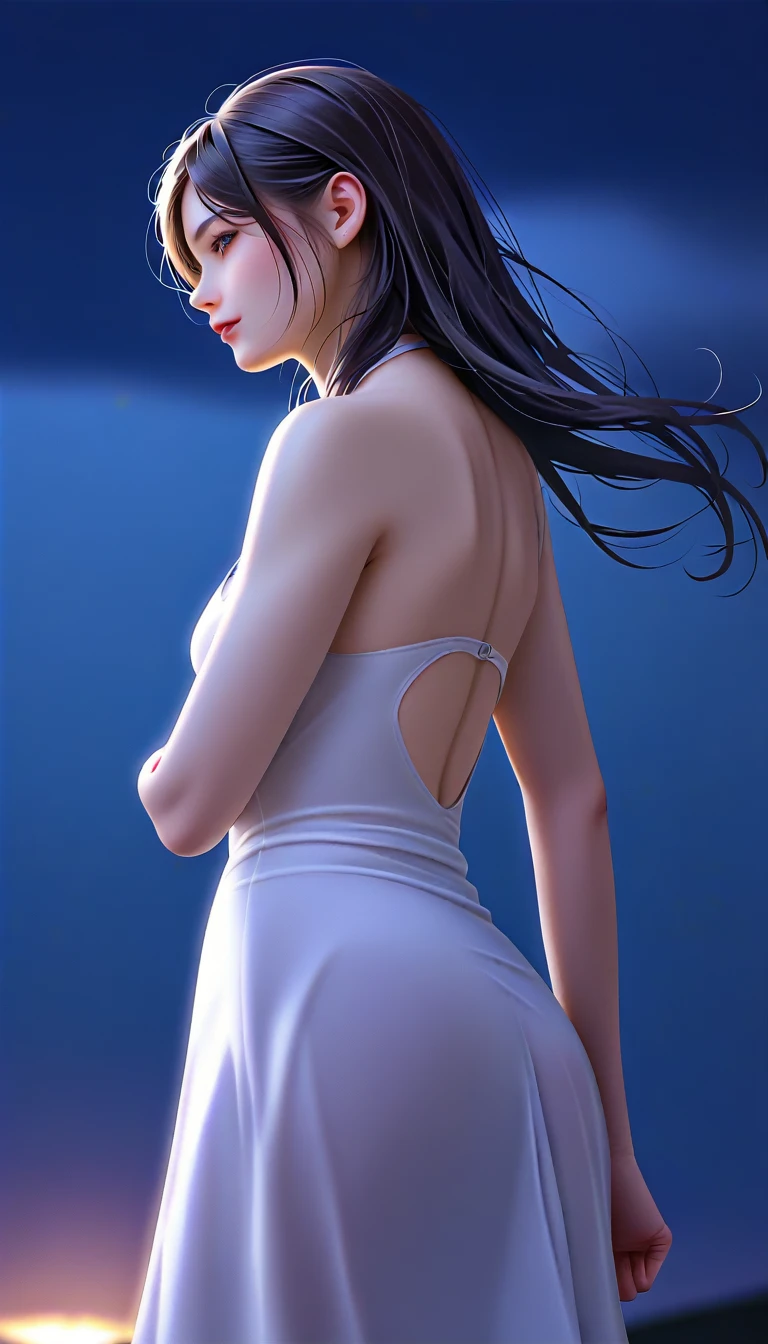 score_9, score_8_superior, score_7_superior, High-resolution CG illustration,A masterpiece in 32K resolution,Highest quality,it is really amazing,Very detailed,Ultra-high resolution,Ultra-realistic,Realistic,Increased depth of field,Cinematic lighting,
A sexy and elegant mature Japanese woman,
Glossy black hair,Wavy long hair,Showing his forehead,god々Beautiful,Ultra-detailed and beautiful face,Sensual look,Beautiful dark brown, moist eyes,Pitch black eyes,Glowing, moisturized skin,Translucent white skin,born々New skin texture,Great proportions,
(White high slit dress:1.1),
Simple design,A slit that goes down to the waist,コットンborn地の柔らかな質感,
A dark and blurry night background,Dark overcast sky on a dull night,Dark clouds filling the sky,Thundercloud,Coastline at night,Golden reflections on the sea surface,delay々A desolate sandy beach that continues,
Cowboy Shot,(Beautiful back view:1.1),Low - Angle,