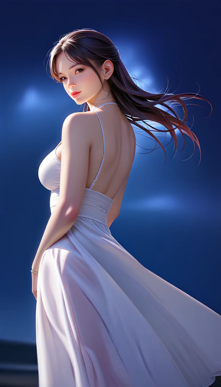 score_9, score_8_superior, score_7_superior, High-resolution CG illustration,A masterpiece in 32K resolution,Highest quality,it is really amazing,Very detailed,Ultra-high resolution,Ultra-realistic,Realistic,Increased depth of field,Cinematic lighting,
A sexy and elegant mature Japanese woman,
Glossy black hair,Wavy long hair,Showing his forehead,god々Beautiful,Ultra-detailed and beautiful face,Sensual look,Beautiful dark brown, moist eyes,Pitch black eyes,Glowing, moisturized skin,Translucent white skin,born々New skin texture,Great proportions,
White high slit dress,
Simple design,A slit that goes down to the waist,コットンborn地の柔らかな質感,
A dark and blurry night background,Dark overcast sky on a dull night,Dark clouds filling the sky,Thundercloud,Coastline at night,Golden reflections on the sea surface,delay々A desolate sandy beach that continues,
Cowboy Shot,Beautiful back view,Low - Angle,