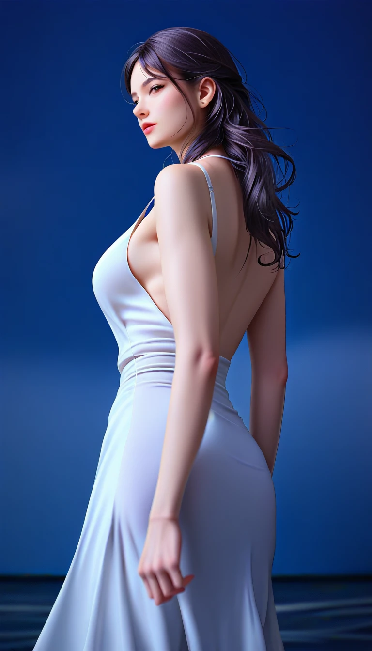 score_9, score_8_superior, score_7_superior, High-resolution CG illustration,A masterpiece in 32K resolution,Highest quality,it is really amazing,Very detailed,Ultra-high resolution,Ultra-realistic,Realistic,Increased depth of field,Cinematic lighting,
A sexy and elegant mature Japanese woman,
Glossy black hair,Wavy long hair,Showing his forehead,god々Beautiful,Ultra-detailed and beautiful face,Sensual look,Beautiful dark brown, moist eyes,Pitch black eyes,Glowing, moisturized skin,Translucent white skin,born々New skin texture,Great proportions,
(White high slit dress:1.1),
Simple design,A slit that goes down to the waist,コットンborn地の柔らかな質感,
A dark and blurry night background,Dark overcast sky on a dull night,Dark clouds filling the sky,Thundercloud,Coastline at night,Golden reflections on the sea surface,delay々A desolate sandy beach that continues,
Cowboy Shot,(Beautiful back view:1.1),Low - Angle,