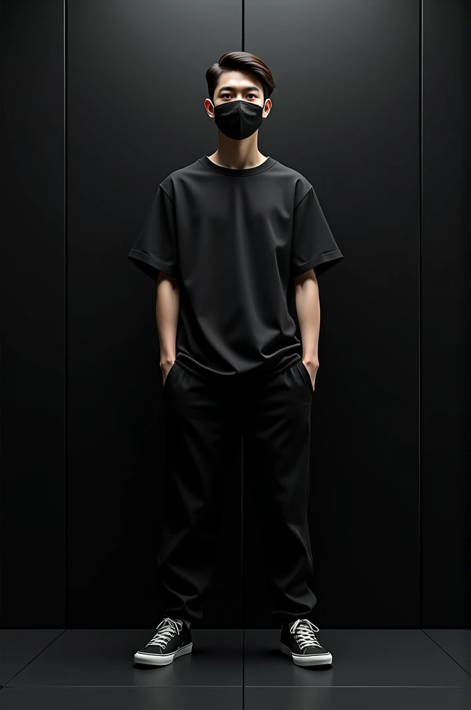 Create a ultra realistic picture where a attractive boy in a black shirt with a face mask Wearing sneakers, he looks ahead. The background feature is cyber style black wall. There should not be his shadow, and will be so handsome and smart 