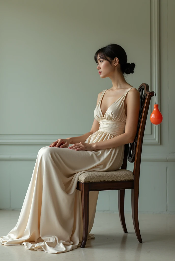 A woman in a dress sitting on a chair with a rubber penis attached to the chair