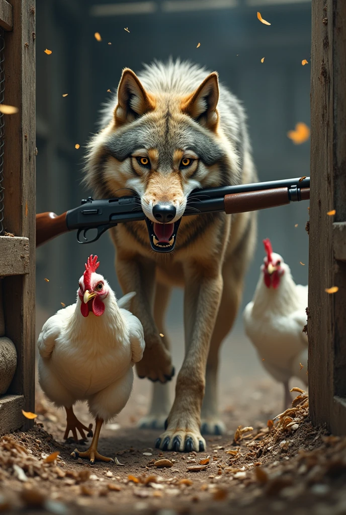 a wolf with a shotgun running after chickens inside a chicken coop