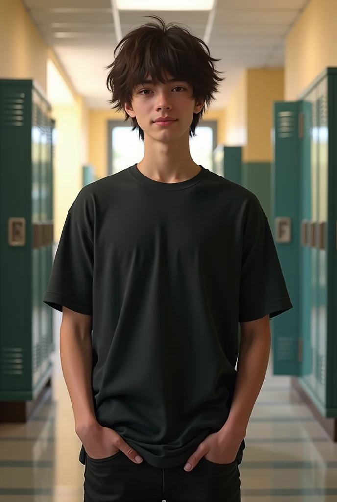 ((best quality)), ((realistic)), ((masterpiece)), (detailed), (3/4 body visable), (standing), 18-years old male, plain black t-shirt, black jeans, messy long haircut, brown eyes, school hallway, friendly pose, skinny, white skin, 