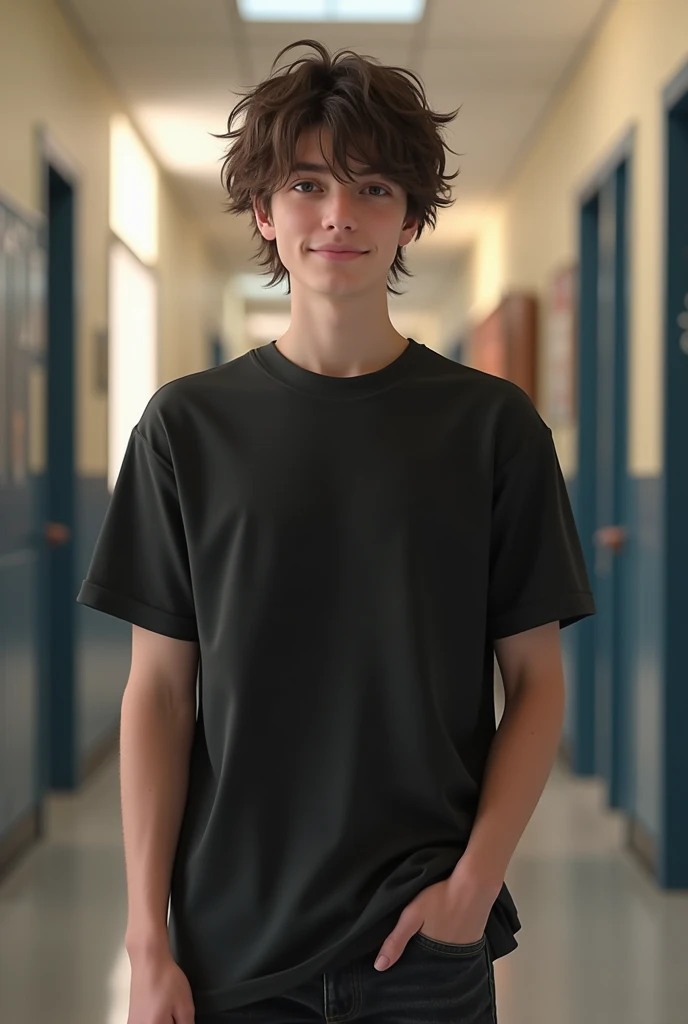((best quality)), ((realistic)), ((masterpiece)), (detailed), (3/4 body visable), (standing), 18-years old male, plain black t-shirt, black jeans, messy long haircut, brown eyes, school hallway, friendly pose, skinny, white skin,