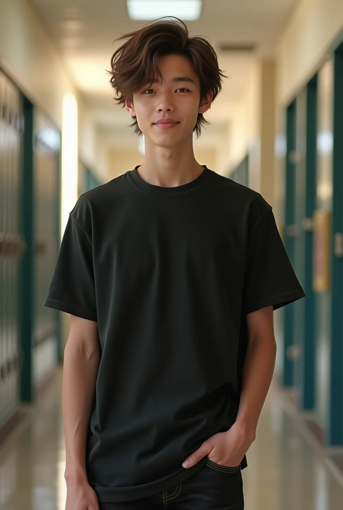 ((best quality)), ((realistic)), ((masterpiece)), (detailed), (3/4 body visable), (standing), 18-years old male, plain black t-shirt, black jeans, messy long haircut, brown eyes, school hallway, friendly pose, skinny, white skin,