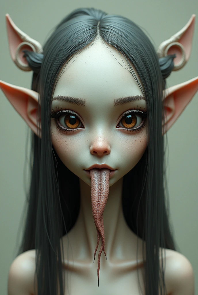 person with Earth type face, Lotus eye, medium mouth size, fine silky straight long hair, forehead with downward pointed hair line, wide forehead, normal low set brow bones, High eyebrows, eyebrows with tails pointed upwards, widely set eyebrows, eyebrows thick at start, long thick eyelashes, perfectly spaced eyes, dark brown eyes, shiny eyes, big eyes, tip of ears higher than eyebrows, upper portion of ears is pressed inside horizontally, large ears, round and big ear tips, ears with big holes, long earlobes, naked tits,long  Vampire teeth out, split snake tounge out