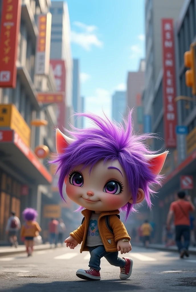 Little purple-haired monster walking on the street