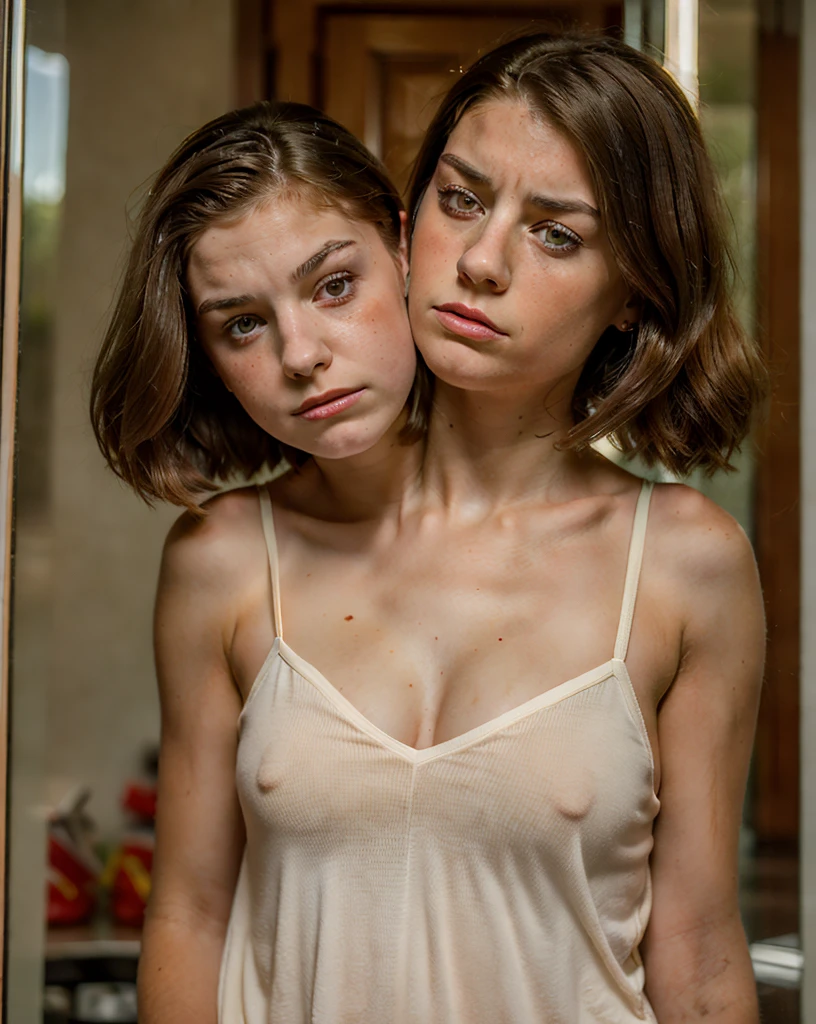 2heads, two headed girl, (a girl and an adult woman:1.5), (uncomfortable and annoyed:1.2), (one is a redhead and the other is a brunette:1.3)