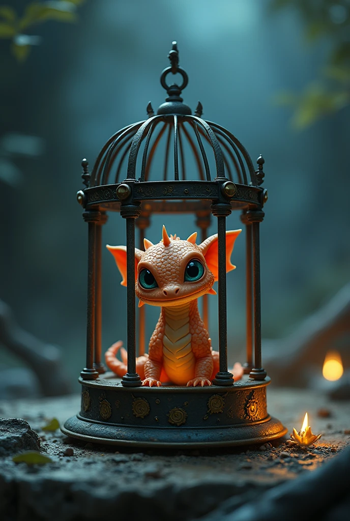 Adorable baby dragon trapped in a magical cage. dark fantasy style