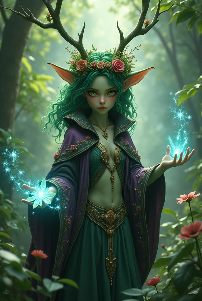 Jungle like environment. A young Plant woman with a deep green skin tone & a set of B-cup breast. She short has leaf green curly hair & is wearing a revealing mythic flowing Black-Purple-Green cloak with Golden Floral designs & an otherworldly flower wreath on he head. She has Serious gaze in her Starlike Golden eyes & a heavy freckled form. She has long transparent crystal blue antlers radiating Floral energy & a set of quaint elven ears. She has a small cute nose She is seen in a battle stance summoning Starlight magic from her fingertips