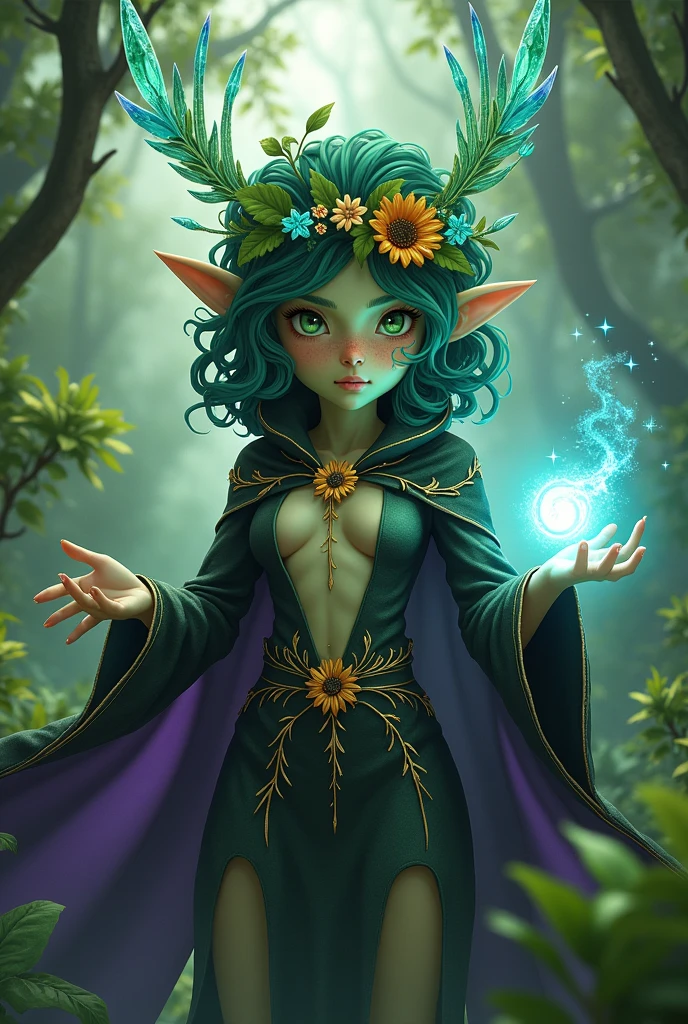 Jungle like environment. A young Plant woman with a deep green skin tone & a set of B-cup breast. She short has leaf green curly hair & is wearing a revealing mythic flowing Black-Purple-Green cloak with Golden Floral designs & an otherworldly flower wreath on he head. She has Serious gaze in her Starlike Golden eyes & a heavy freckled form. She has long transparent crystal blue antlers radiating Floral energy & a set of quaint elven ears. She has a small cute nose She is seen in a battle stance summoning Starlight magic from her fingertips
