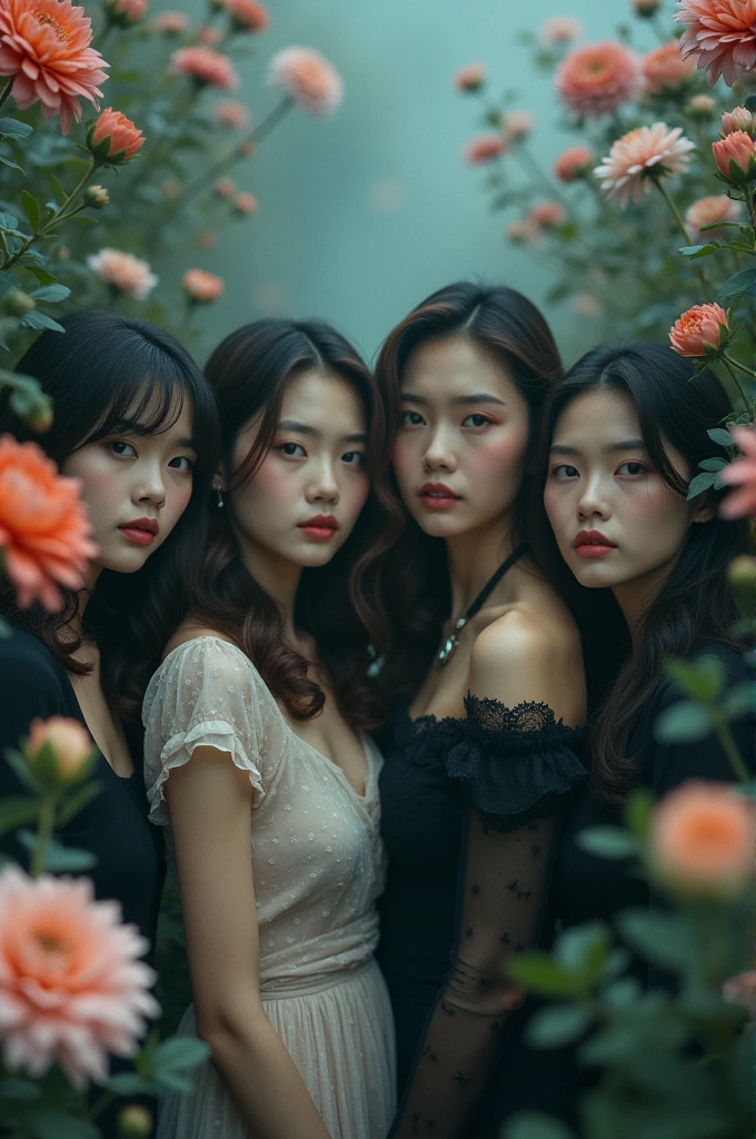 I'm taking photos for a new concept album. Create a girlgroup concept photo with flowers, it looks very classic and gloomy