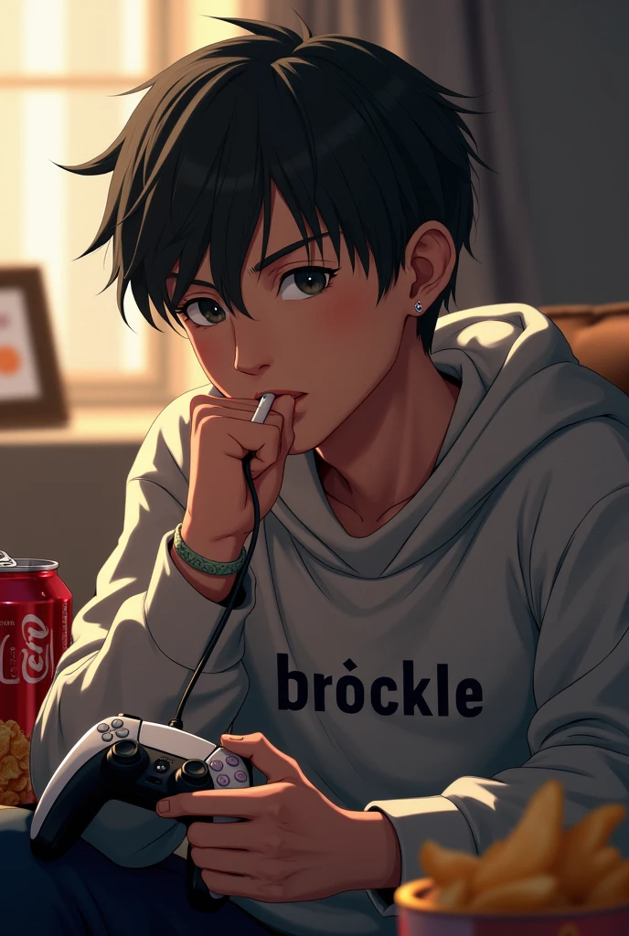 Small dark-haired man with short hair with a cigarette in his mouth and a Playstation 5 controller in his hand with a connected cable, next to him are cola and chips and the word Brockel on his sweater