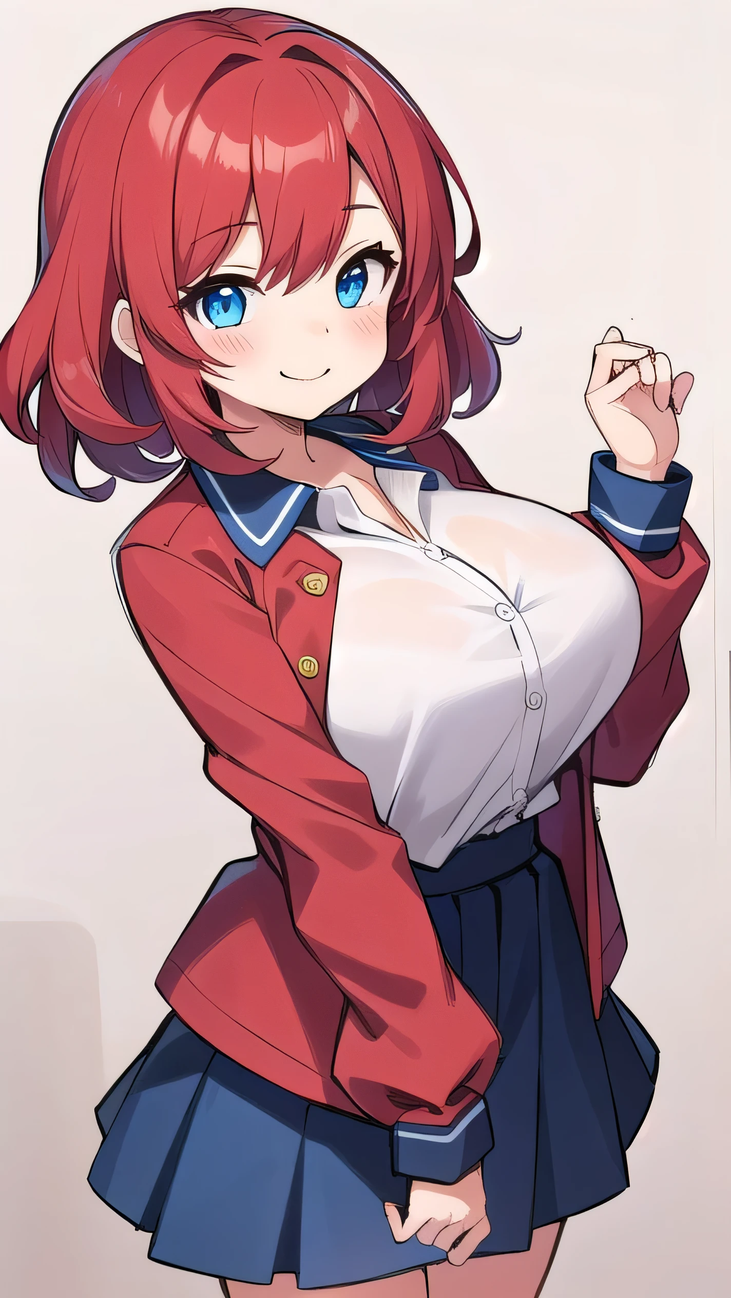 Big breasts, red hair, blue eyes, droopy eyes, red jacket, (super big breasts:1.1), (medium hair: 1.1), baggy clothes, elementary school student, young face, short height, ,, shy , smiling a little, tryistraight hair，, cute clothes, 