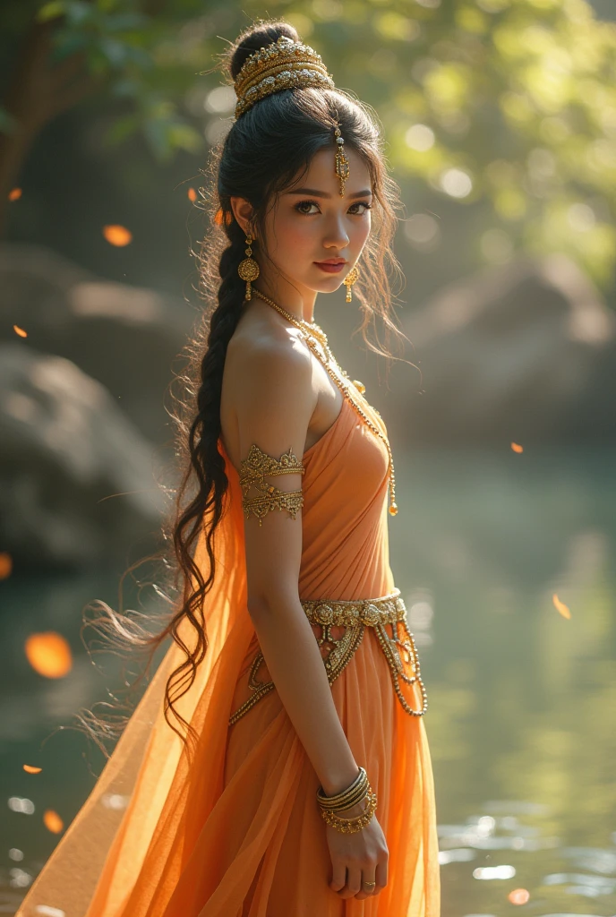 Lord Sita had a slender and graceful figure, with a serene and charming demeanor. Her eyes were large and expressive, and her face was adorned with delicate features such as a straight nose, full lips, and a high forehead.