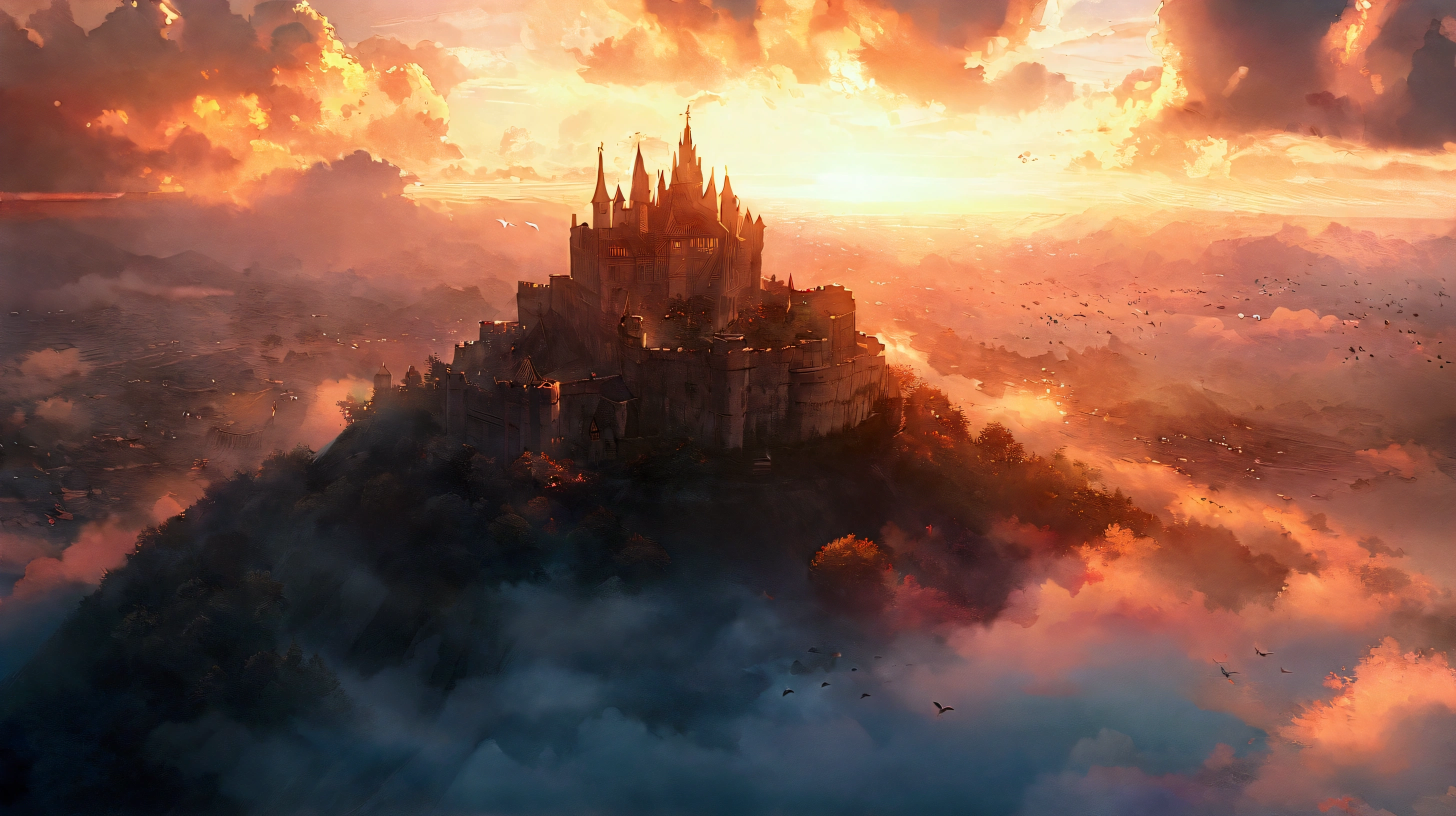 anime aestetics, anime scenery, digital painting, medieval castle standing on the top of the standing on the huge stone pillars island, a lot of little dragons flying around the castle, dark souls 2 aestetics, cloudy weather, sunset, calm atmosphere, beautiful architecture, wide shot, perspective, atmospheric perspective, vanishing point, 8k, highres, best quality, award winning, super detail, masterpiece, UHD