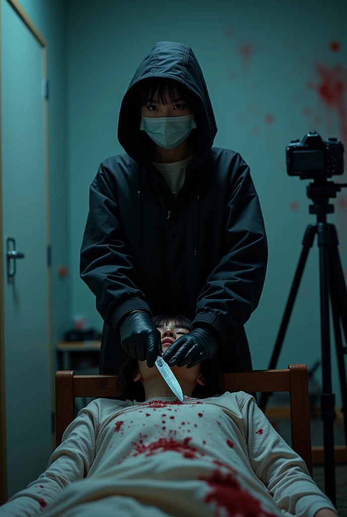 korean girl, (behind stiff, holding knife), surgical mask, black leather gloves, room, black raincoat, hood up, holding knife, leather gloves, woman on top, behind cadaver, looking at viewer, blood splatter, bed room, night, mass murderer, killer, short hair, blood splatter, dark atmosphere, cinematic lighting, atmospheric realistic, neon lighting, tripod and camera in the back, shooting with camera