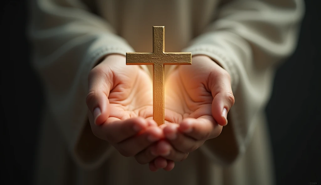 (photorealism:1.2), hands holding a christian cross with light