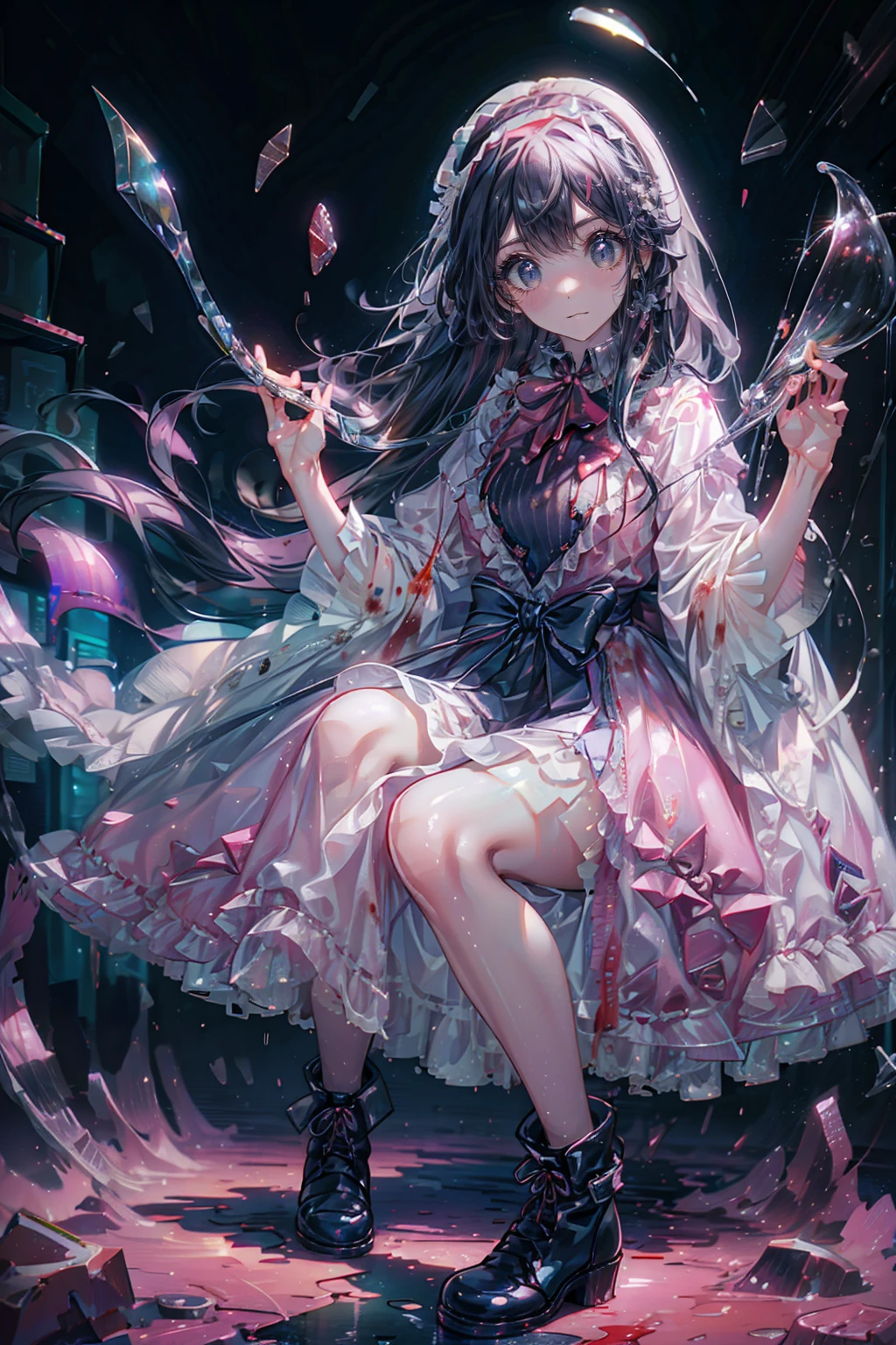 (Highest quality,4K,High resolution,masterpiece:1.2),Very detailed,Realistic:1.37,,(whole body, legs and 靴 visible: 1.2),、The thief、Thief、10 convictions、Criminal Woman、bad woman、To rob、Raiding the store、Anime Style、Storytelling、、beautiful girl、とてもcute天使、Pink Gothic Dress、cute、、smile、Long skirt、Blood splatter,(Blood splatter:1.1),Black long boots、(クレイジーなsmile:1.3)、クレイジーなsmile, beautiful, Delicate facial features, Sharp Eye, Sharp Fangs, Mouth very open, Bare your teeth,Sharp teeth like a beast, Very wide lips, Very wide mouth, Vermilion cheeks,、Big Breasts、Hair band
