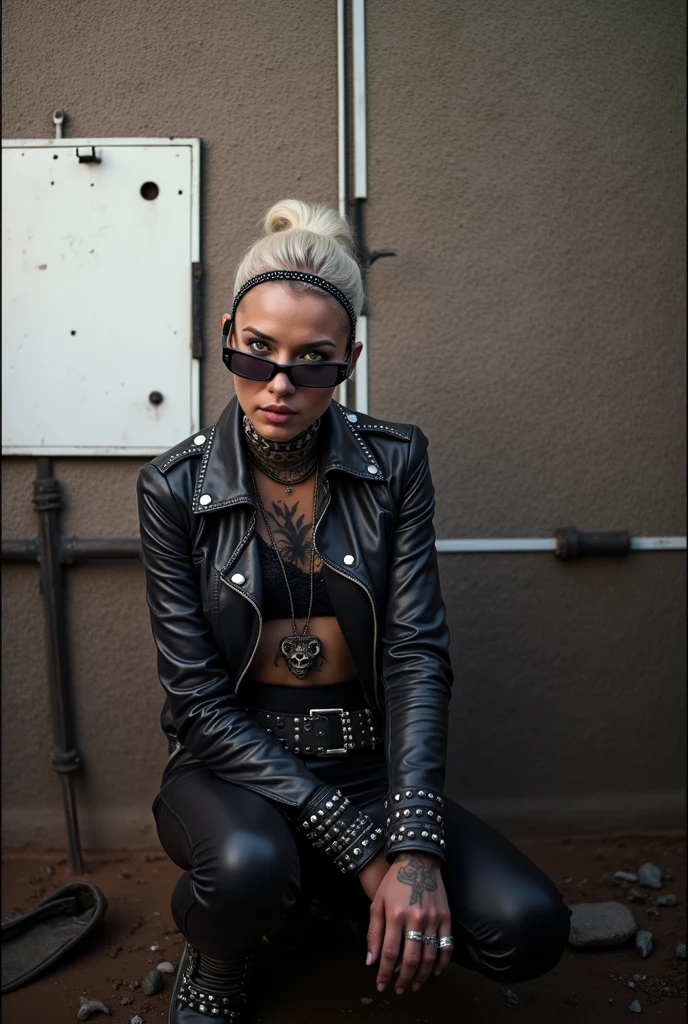 Anglosaxon old milf woman, , blonde platinum hair (beehive bun, black parsley headband), with very light green eyes, extremely pale.  .Wearing oversized square black maxisunglasses Wearing studded cropped black moto jacket (verical zippers on the sides,skull badges on sleeves). Black lace push up bra, skinny leather jeans. Silver Chelsea boots with cuban heels. Lots of thick wide studded  bracelets, chain collars and big rings. Tacky wide studded leather belt, with big skull and bones round buckle. Long earrings with chains. Squatting on a large torm, dirty  usa flag, looking at the photographer. Craving heavily. Hands on knees. Waste and trash all over the floor. Her studded leather bag, thron away. Looking at the camera, chin up. Toned abdominals, thin neck, slim legs and thin arms. Neck, chest, belly, hands and arms completely tattoed. Dirt road of Nairobi after the rain,  puddles on the ground,crowded with muscular shirtless men in jeans, street full of puddles and garbage. Her studded black leather bag is a few metres behind her