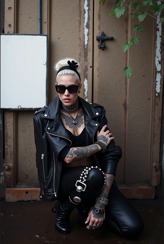 Anglosaxon old milf woman, , blonde platinum hair (beehive bun, black parsley headband), with very light green eyes, extremely pale. .Wearing oversized square black maxisunglasses Wearing studded cropped black moto jacket (verical zippers on the sides,skull badges on sleeves). Black lace push up bra, skinny leather jeans. Silver Chelsea boots with cuban heels. Lots of thick wide studded bracelets, chain collars and big rings. Tacky wide studded leather belt, with big skull and bones round buckle. Long earrings with chains. Squatting on a large torm, dirty usa flag, looking at the photographer. Craving heavily. Hands on knees. Waste and trash all over the floor. Her studded leather bag, thron away. Looking at the camera, chin up. Toned abdominals, thin neck, slim legs and thin arms. Neck, chest, belly, hands and arms completely tattoed. Dirt road of Nairobi after the rain, puddles on the ground,crowded with muscular shirtless men in jeans, street full of puddles and garbage. Her studded black leather bag is a few metres behind her