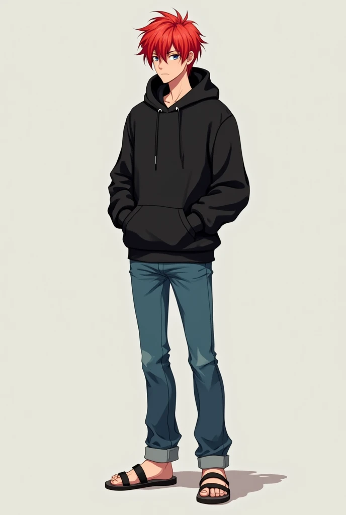 Red hair, black hoodie, jeans, sandals, 190cm tall, anime style male