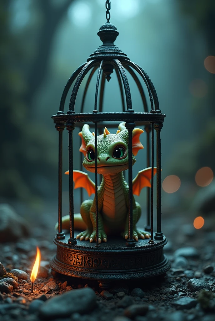 Adorable baby dragon trapped in a magical cage. dark fantasy style
