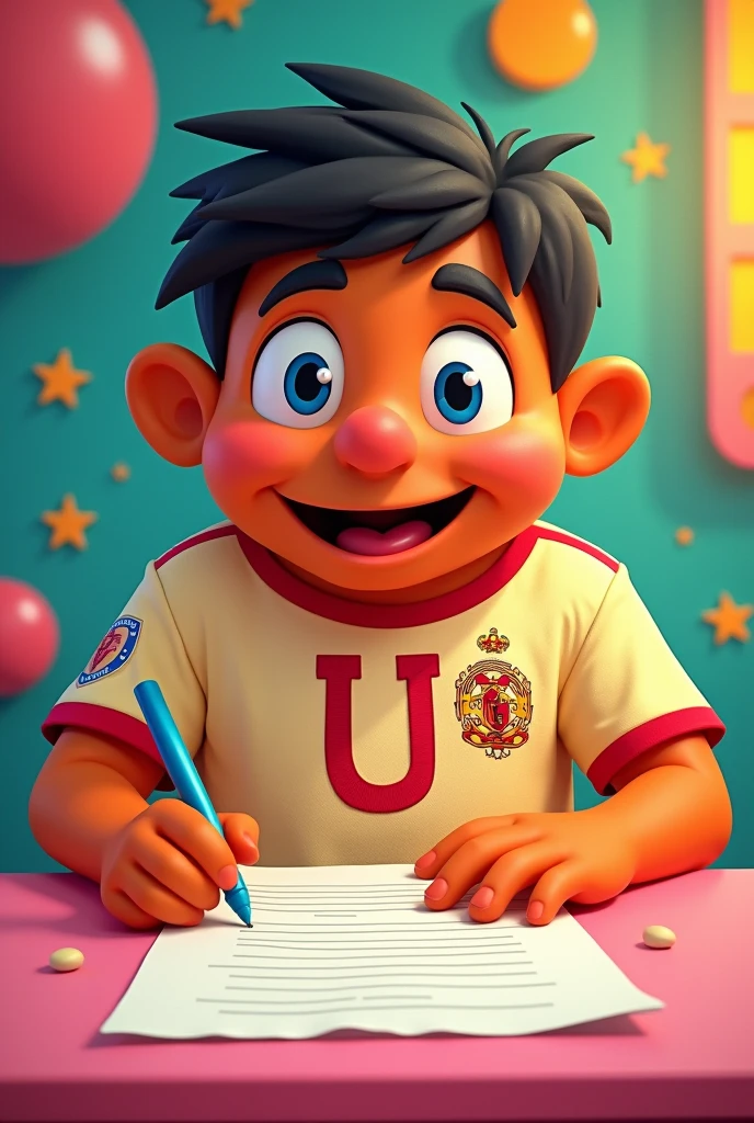 pancho contreras, character animated series sesame street, with a cream-colored soccer jersey that has a cherry-colored letter U on the shield signing a contract