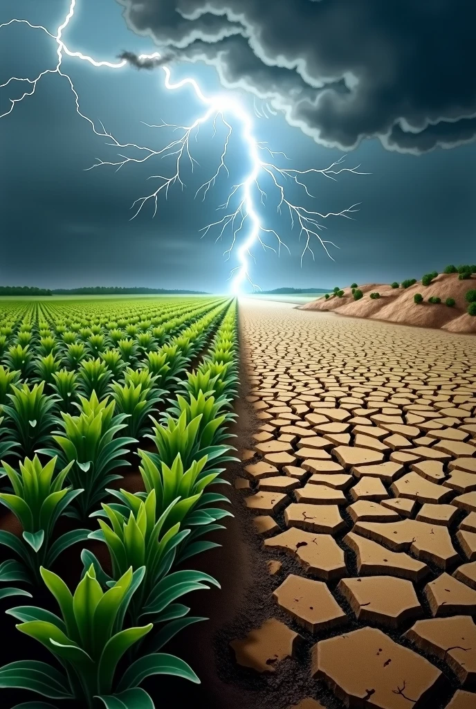 An image with a beautiful soybean plantation and on the other side a dry and arid land struck by lightning