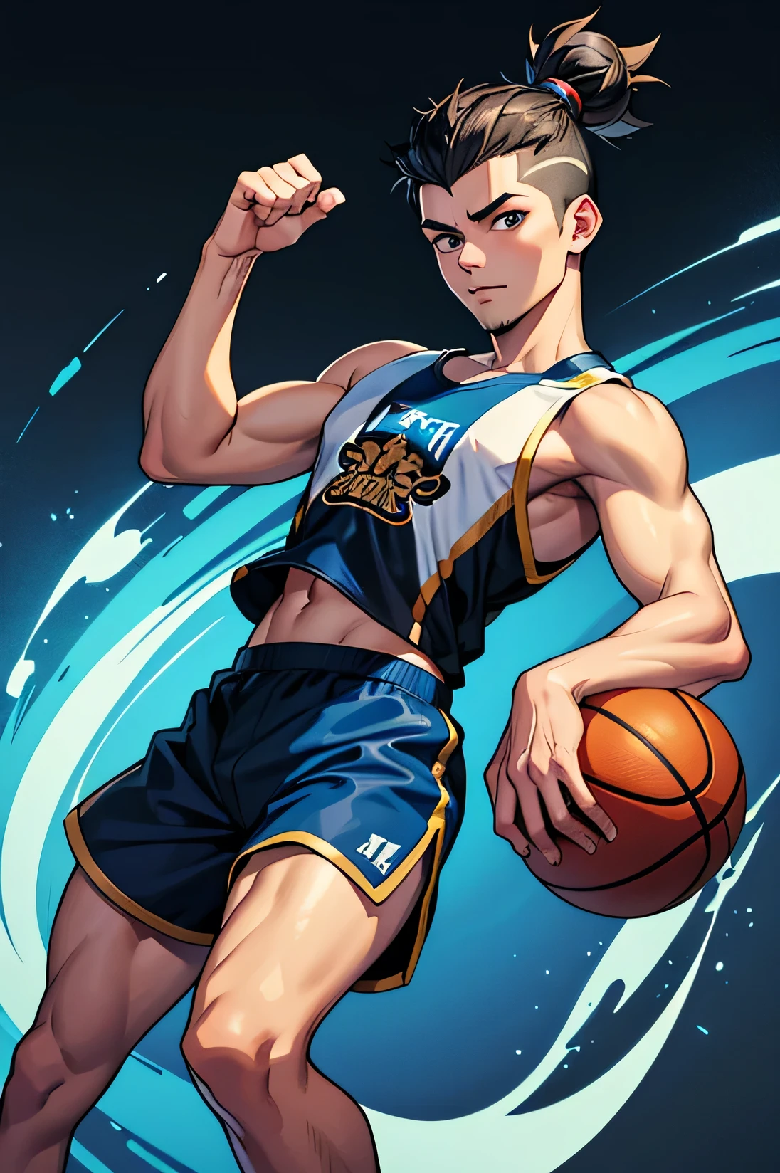 2 boy, twink, handsome, his skin is light tropical Latin, his hair is in a samurai bun with the sides in high fade, he has a small beard, he wears blue and black basketball clothes, his shorts are small (short), his legs are showing, we can see the image in full showing him in full body, the background is solid black.