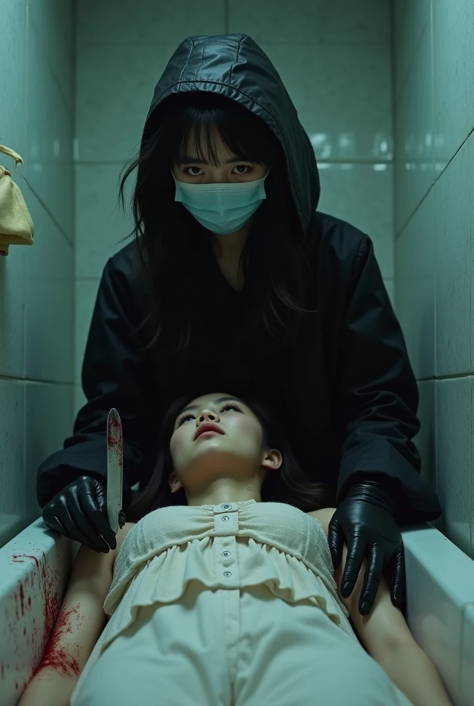 korean girl, (behind stiff, holding knife), surgical mask, black leather gloves, bath room, black raincoat, hood up, holding knife, leather gloves, woman on top, behind cadaver, looking at viewer, blood splatter, night, mass murderer, killer, short hair, blood splatter, tripod and camera in the back, shooting with camera
