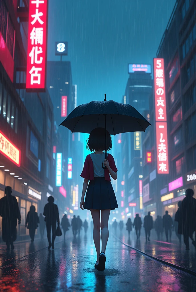 anime rain girl unbrella neon city the girl is walking towards the back
