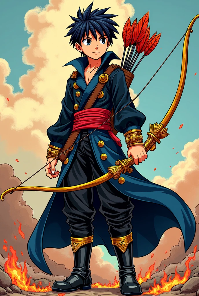 Colored comic panel, Human Comics style, cartoon style panel, single and intricate panel. Aizen is a white boy with black hair and black eyes who wears a black tunic with blue details and a red sash with gold adornments. He wears leather bracers with hidden blades and high boots. He wears a quiver on his back with flaming arrows and a golden bow.