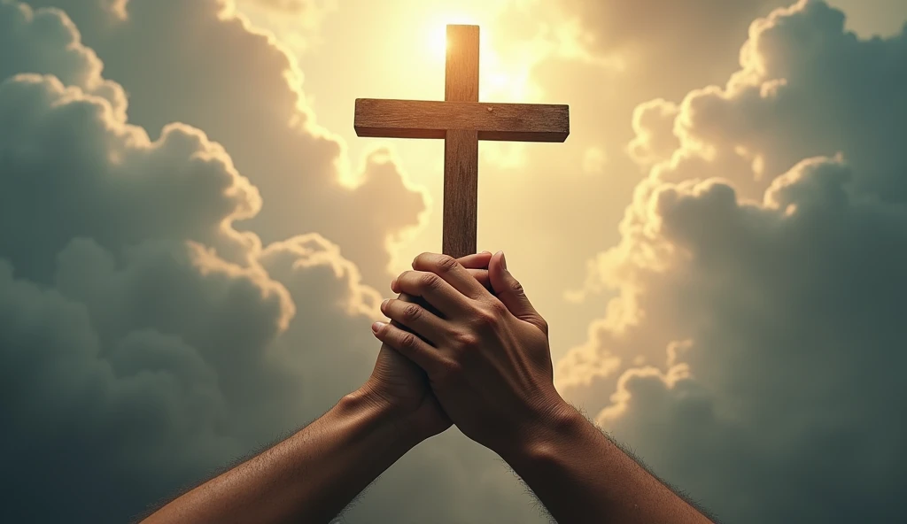 (photorealism:1.2), hands holding a christian cross with light, huge cloud