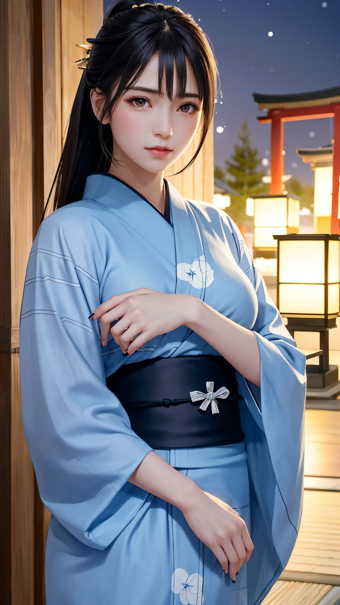 {Top Quality, Masterpiece}, (Realistic: 1.3), Wallpapers, ultra high res, ultra high quality, BREAK {{{FF7, Tifa_lockhart, solo}}},(ponytail), Ultra-detailed face, Detailed eyes, Red eyes, (black brown hair, Large breasts: 1.0), (she is wearing a beautiful yukata:1.8), About 1, {{{erotic face ,erotic mouth, erotic eyes}}}, erotic pose:1.2, blush, shy , BREAK (Kyoto:1.1, river-side, evening:1.5),