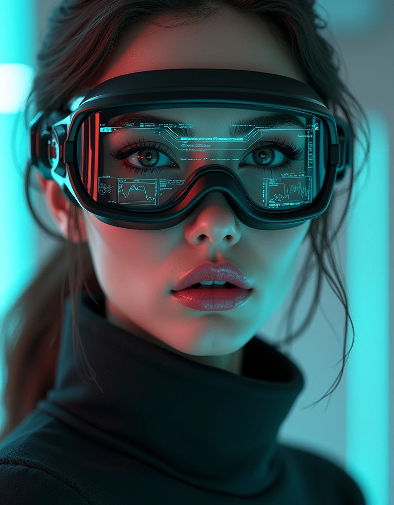 A beautiful woman with attention to detail, wearing futuristic cyber goggles with data displayed, standing and looking into the camera, with a close-up of her detailed face and glossy lips, in a realistic art style with a cinematic experience, high resolution, and 3D effect.