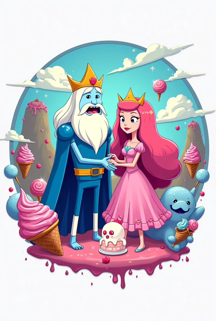 Create an adventure time logo, with the ice king, and the sweet princess for ice cream and desserts with the adventure time background and its aesthetics 