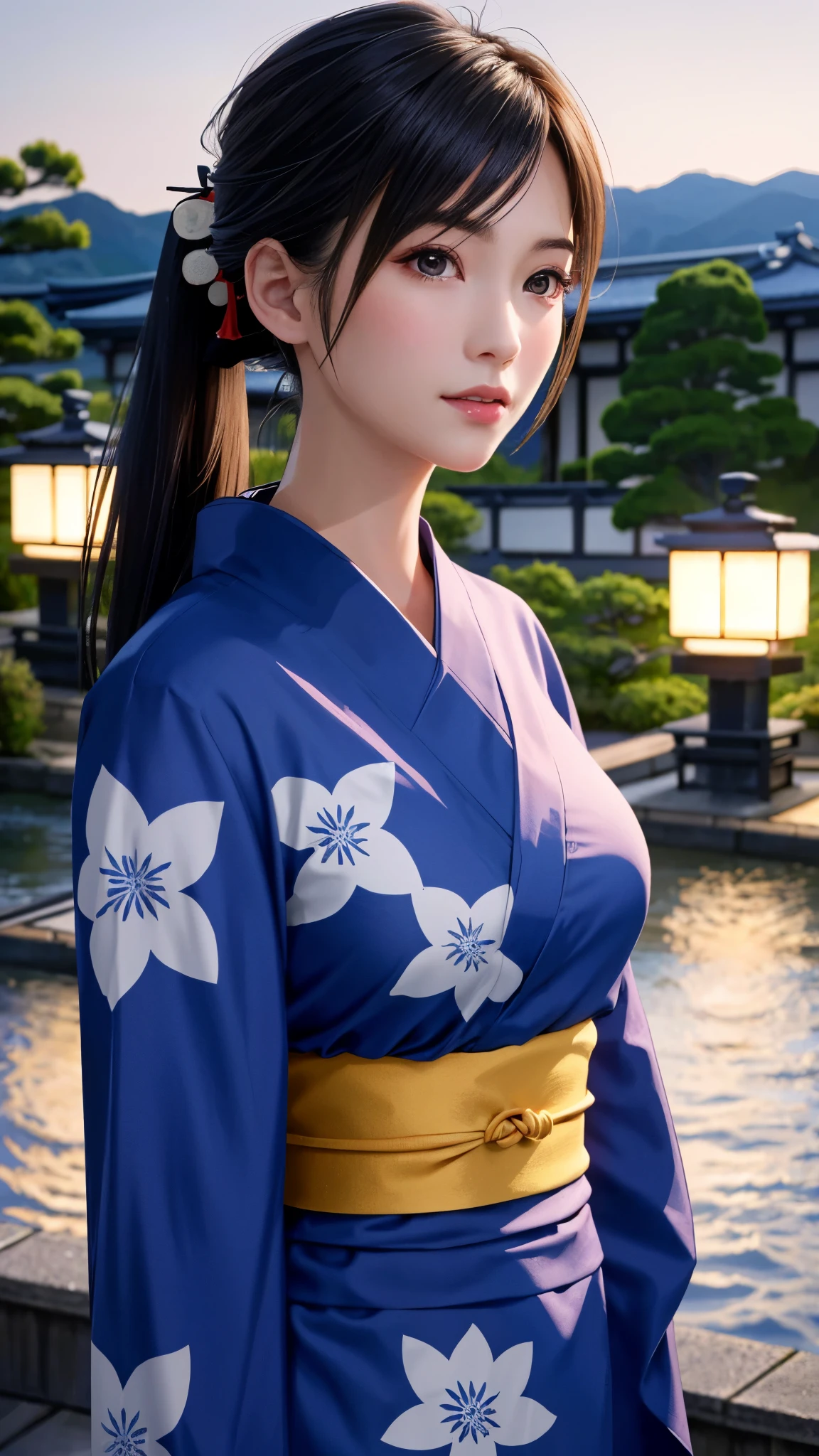 {Top Quality, Masterpiece}, (Realistic: 1.3), Wallpapers, ultra high res, ultra high quality, BREAK {{{FF7, Tifa_lockhart, solo}}},(ponytail), Ultra-detailed face, Detailed eyes, Red eyes, (black brown hair, Large breasts: 1.0), (she is wearing a beautiful yukata:1.8), About 1, {{{erotic face ,erotic mouth, erotic eyes}}}, erotic pose:1.2, blush, shy , BREAK (Kyoto:1.1, river-side, evening:1.5), 