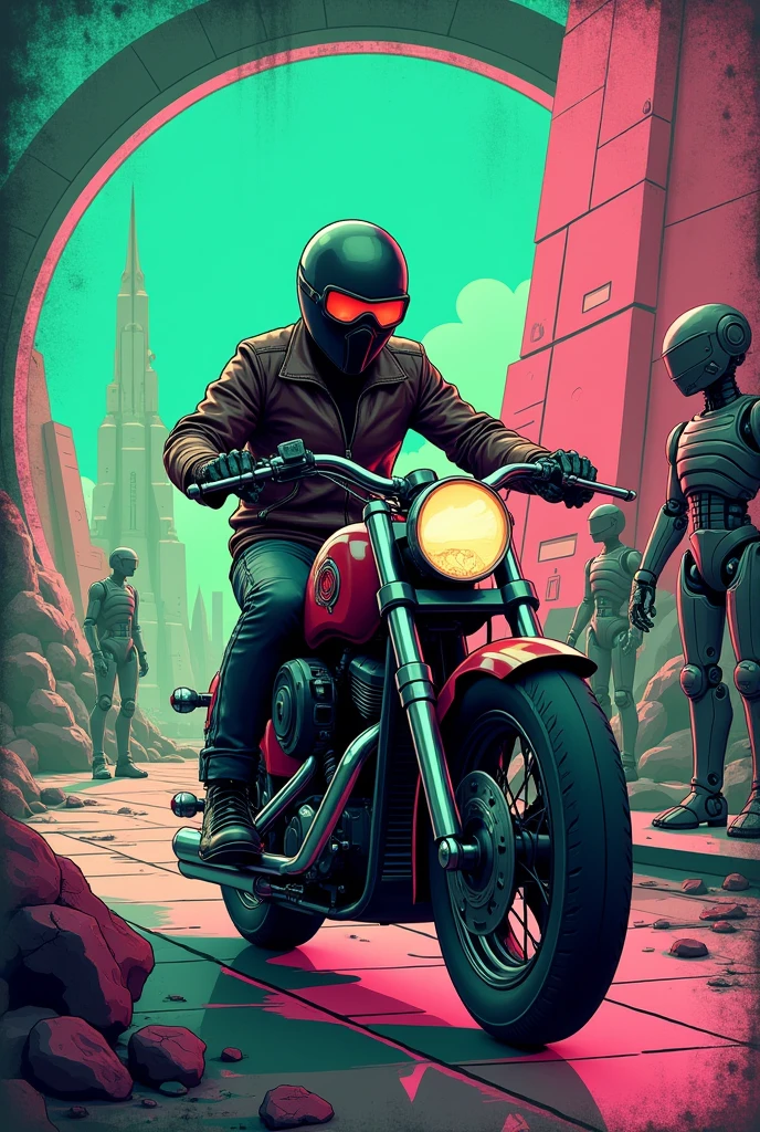 "A retro 1920s shopper motorcycle t-shirt design with rider riding in a futuristic landscape with robots watching the action. The design uses neon colors like pink, green and blue- burgundy, with a grid background and a worn texture."