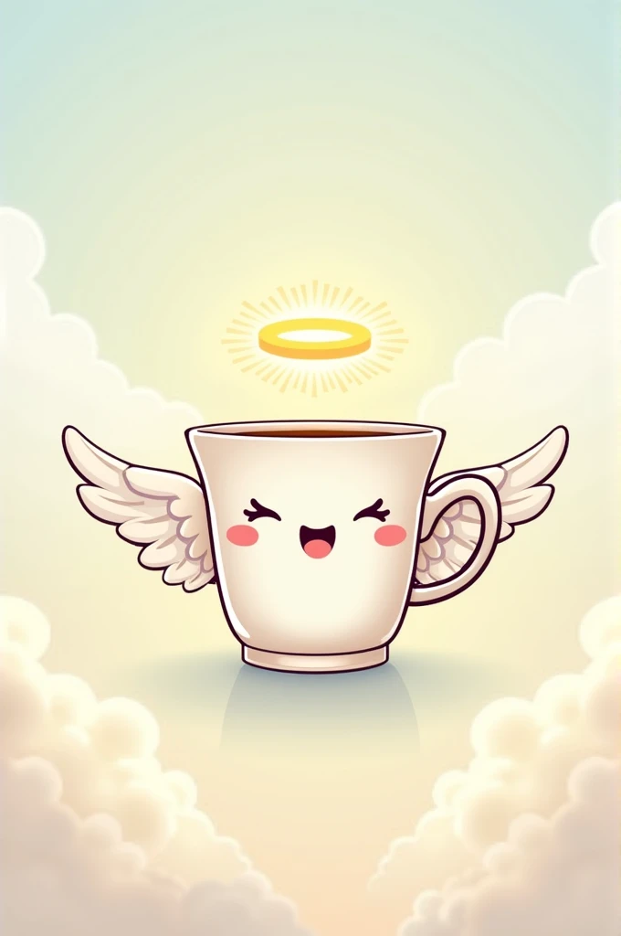 Create a cartoon, The character is a cup and I need it to have wings and an angel halo.