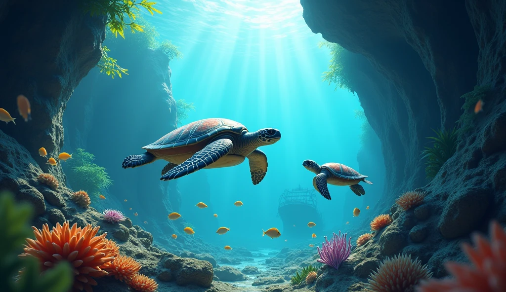 (A mother turtle and her baby turtles are swimming in a cave full of fish.), undersea environment, Underwater environment, Underwater scenery, Close-up movie aquatic scene, Underwater scene, Underwater landscape, deep sea landscape, Underwater scenery, deep Underwater scene, Beautiful 3D concept art, Underwater World, incredible depth, Amazing depth, masterpieceUnderwater scene, Fantasy seascape