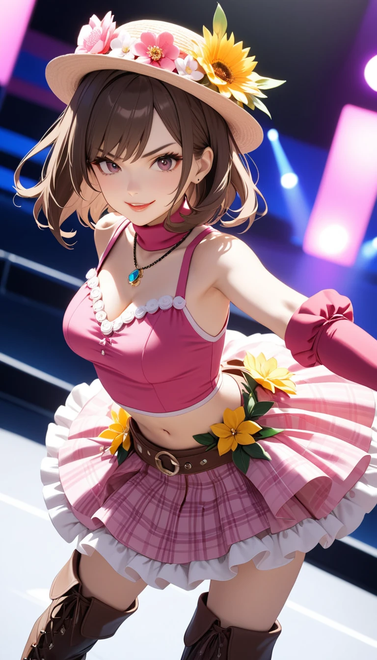 1 girl, bob, center part, forehead, brown hair, piercing, brown eyes, model posing, seductive smile,
BREAK (masterpiece), (high resolution 8K), cinematic lighting, professional lighting, detailed eyes and face, detailed body,
BREAK (cheerleader:1.3),(latex:1.4),(pink tube top bra:1.4),thighhighs, underwear,collarbone, (earrings:1.2), elbow gloves, navel,pink bow, (pink mini skirt:1.2),(nape,cleavage, collarbone:1.3),
blond short hair,two side up, hair ornament, holding pom poms,(cameltoe:1.2),
(sweat:1.1),wet,smile,open mouth,(dancing,outdoors:1.3)
